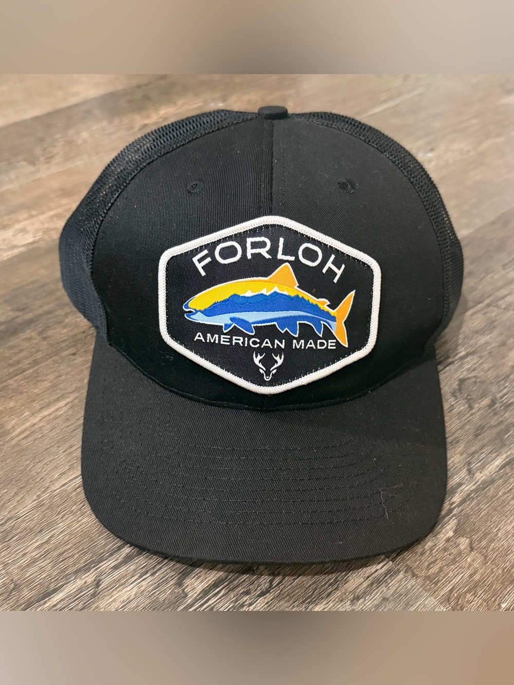 Forloh American Made Black Mesh Trucker Hat with Yellow & Blue Fish Patch